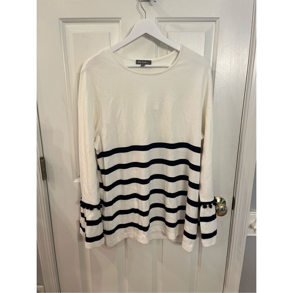 Ulla Popken White & Black Stripe Knit Pom Pom Trim Sleeve Tunic  Top sz 12/14 NW